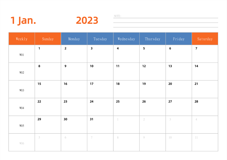 2023年日历台历 英文版 横向排版 带周数 周日开始